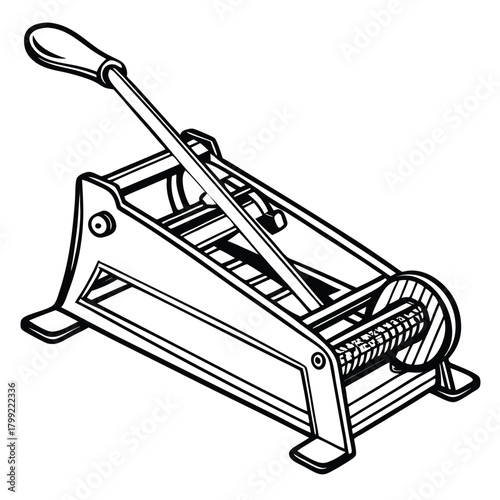 Detailed drawing depicts a leveroperated french fry cutter in black and white