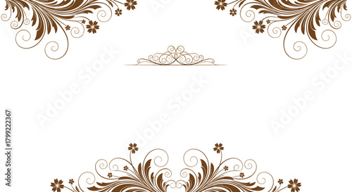 Elegant swirling floral borders with intricate vine-like designs create a sophisticated decorative frame.