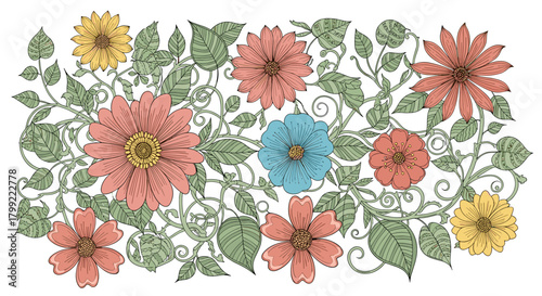 A vibrant display of colorful blooming flowers with intricate leafy vines.