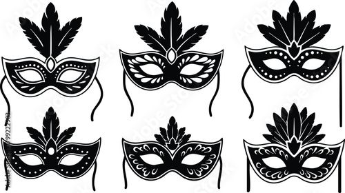 Set of black masquerade masks with ornamental leaf designs for costume parties and festive events vector illustration 