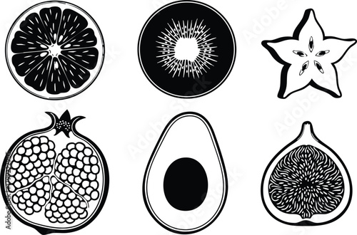 Black and white vector illustration of sliced fruits including pomegranate, kiwi, avocado, starfruit, grapefruit, and fig in detailed style 