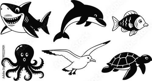 Marine animals collection featuring shark dolphin fish octopus seagull and turtle in black and white vector illustration 