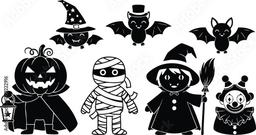 Halloween themed black and white vector illustration of pumpkin, mummy, witch, bat, and clown characters in spooky costume design 