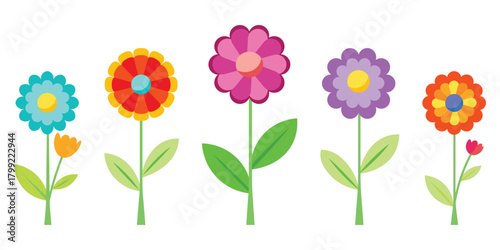 colorful spring flowers vector illustration with green leaves and stems flat design