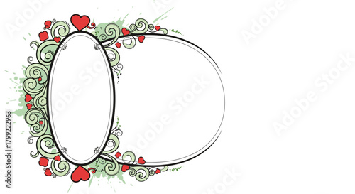 Decorative romantic oval frames with swirling vines and red hearts border a blank space for personalization.
