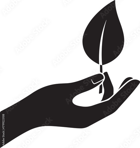 Black silhouette of a hand holding a single leaf white