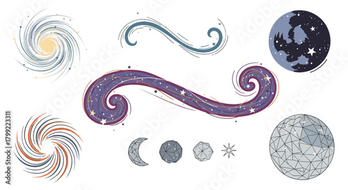 Illustrations of celestial bodies nebulae and cosmic swirls for design.