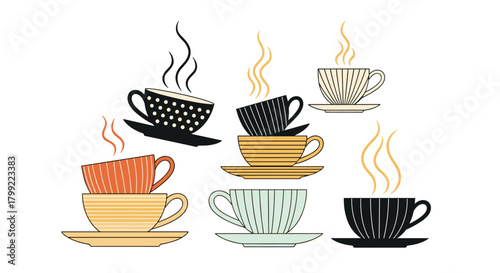 A diverse collection of steaming hot beverage cups with intricate patterns are arranged in a visually appealing composition.