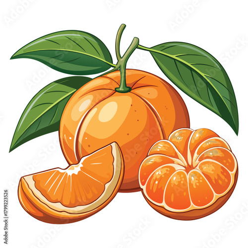 An orange fruit with leaves alongside segment and a half section looks very fresh