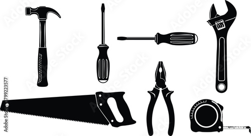 Hand Tools Collection Including Hammer Saw Screwdriver Pliers Tape Measure and Wrench Vector Illustration Set 
