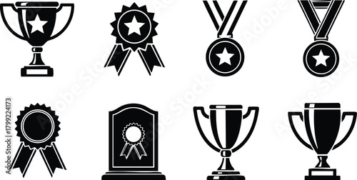 Trophy and Award Ribbon Medal Icon Set Vector Illustration for Achievement Celebration and Recognition 