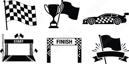 Racing icons set with checkered flags trophy car start finish line and banner illustrations vector 