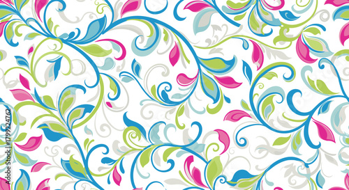 A vibrant floral pattern with swirling blue green and pink leaves and ornate tendrils on a white background.