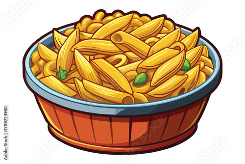 Appetizing penne pasta fills a wooden bowl, garnished with fresh basil leaves