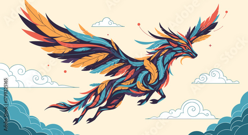 A mythical winged fox with vibrant colorful feathers soars gracefully through a dreamy sky with soft white clouds.