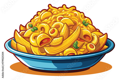 Cartoon illustration depicts a full plate of macaroni and cheese with herbs on top