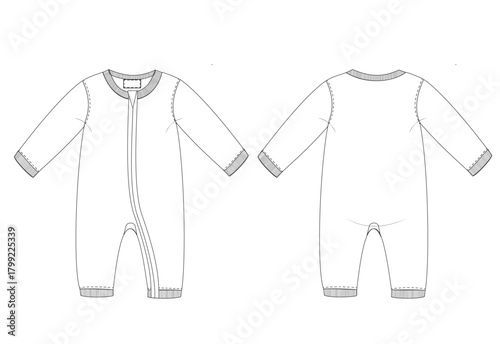 Technical line drawing of a cozy baby onesie with long sleeves, front zipper, and ribbed cuffs in a simple style for infants