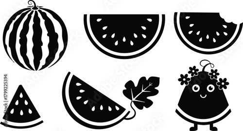 Watermelon fruit slices and whole fruit with cute character vector illustration in black and white style 