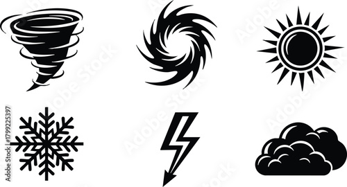 Weather icons set including tornado, hurricane, sun, snowflake, lightning, and cloud vector illustration 