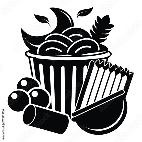 illustration shows cupcake in wrapper with berries, herbs, and wafer sticks