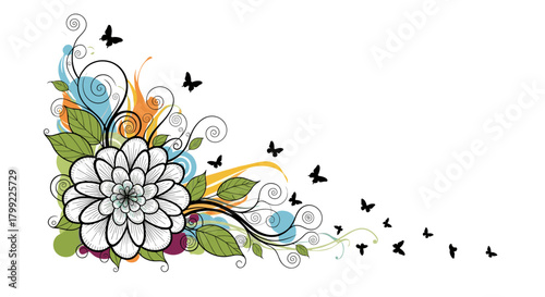 A whimsical corner floral design with swirling vines and playful butterflies adds a touch of enchantment.