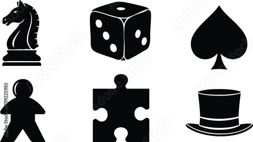 Classic game icons set with chess knight, dice, spade, meeple, puzzle piece, and top hat vector illustration 