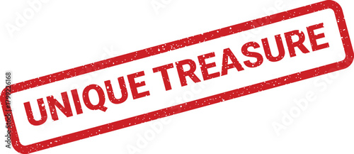 Red vintage style stamp displaying UNIQUE TREASURE text for rare items, collectibles, or special valued possessions