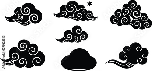 Set of stylized cloud vector icons with swirling patterns in black silhouette design for weather and nature illustration 