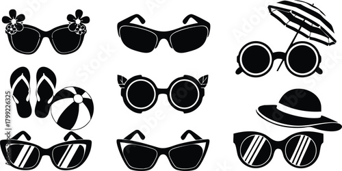 Summer sunglasses flip flops beach ball and sun hat vector icons for summer vacation and beach fun 