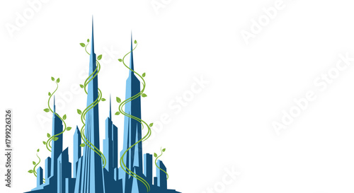Illustration of a sustainable futuristic city skyline with plants growing on skyscrapers.