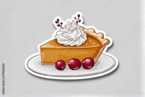 Slice of pumpkin pie with cranberries and whipped cream