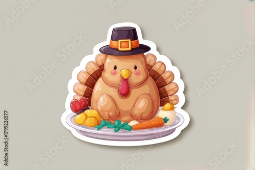 Cute thanksgiving turkey cartoon on plate sticker