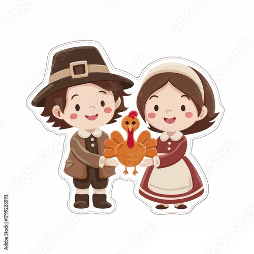 Cute pilgrim couple holding turkey thanksgiving illustration