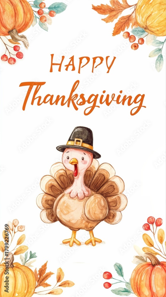 Naklejka premium Cute watercolor thanksgiving turkey greeting card