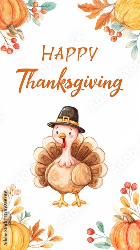 Cute watercolor thanksgiving turkey greeting card