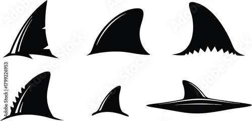 Shark fin silhouettes set in black vector illustration with various shapes and angles for ocean or marine design elements 