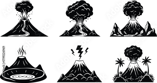Volcano eruption vector icons with lava explosion and lightning natural disaster illustration set 
