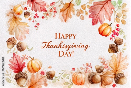 Happy thanksgiving watercolor autumn wreath greeting card