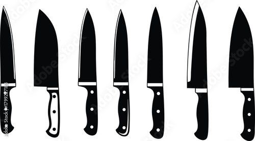 Kitchen knives set collection with various blade shapes and handles for cooking and food preparation tools vector illustration 