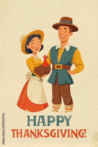 Happy thanksgiving pilgrim couple holding turkey illustration
