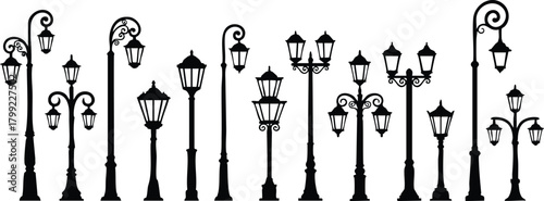 Vintage street lamps silhouette collection with various designs and lamp heads vector illustration black and white 