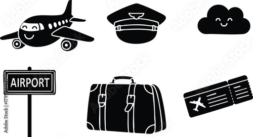 Airplane pilot cap airport sign suitcase airplane ticket and happy cloud vector icons set 