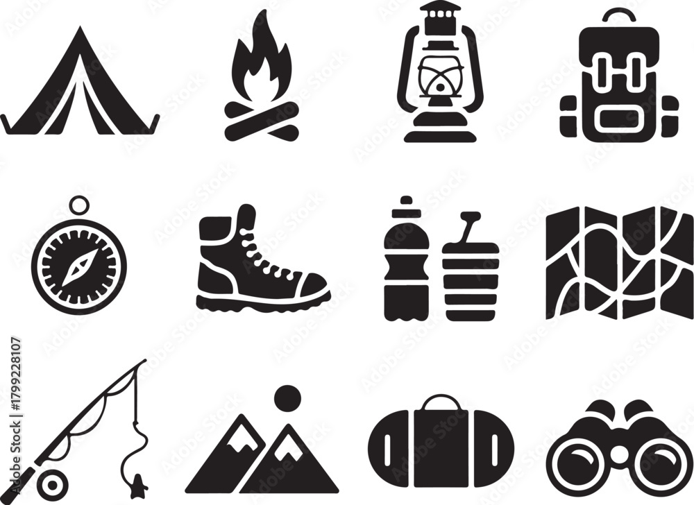 Fototapeta premium Explore nature using these camping icons glyphs