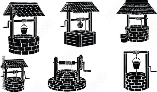Rustic Water Wells Collection with Buckets and Cranks in Black Silhouette Style Vector Illustration 