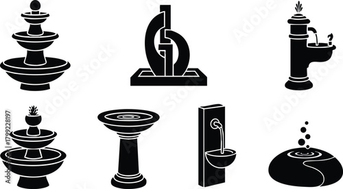 Set of black silhouette water fountain designs with various shapes and styles vector illustration 
