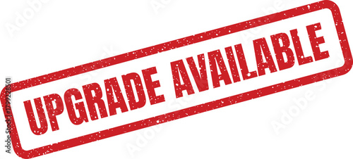 Rustic red rubber stamp with the clear message upgrade available, suitable for software notifications or service announcements