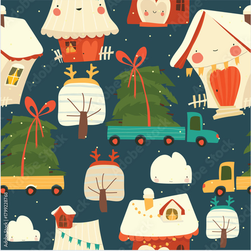 Festive seamless pattern featuring charming houses, decorated Christmas trees, and trucks carrying trees, evoking a cozy holiday village atmosphere with a touch of winter magic