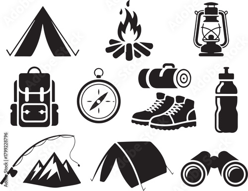 Explore outdoors camping gear essentials icons set