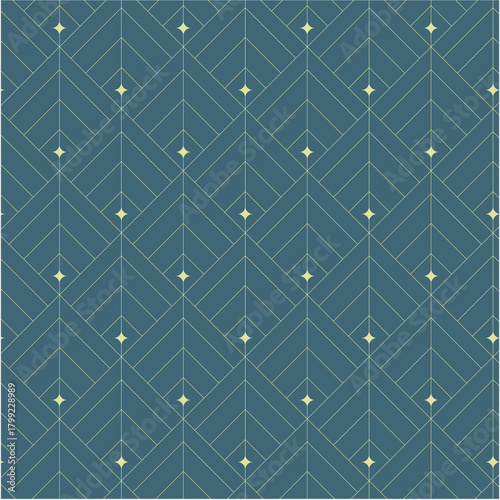 Elegant Art Deco seamless vector pattern with thin golden lines on a muted teal background. A sophisticated and vintage geometric wallpaper design with repeating rhombus and diamond shapes