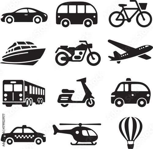 Transportation icons showing cars, plane and more